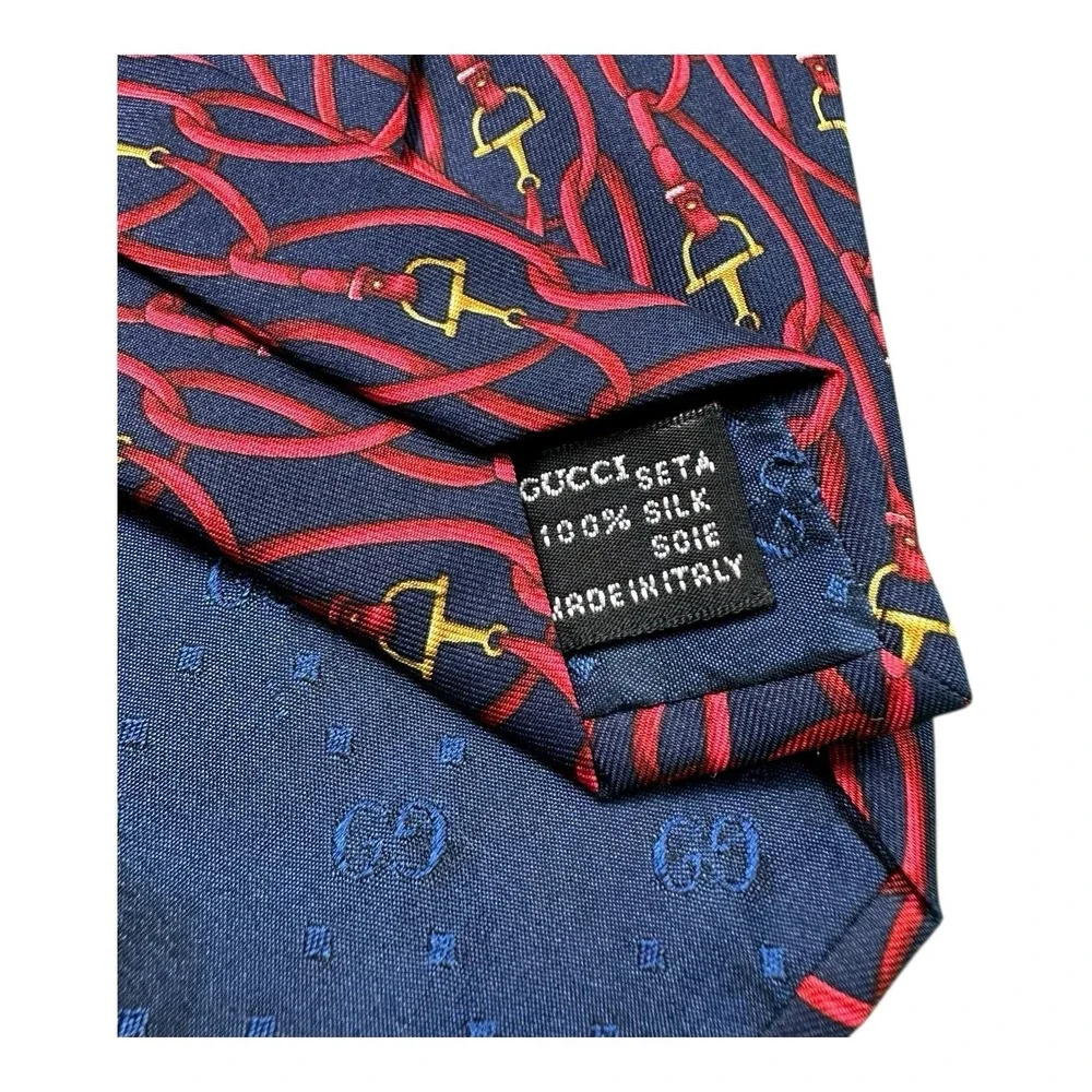 Gucci Equestrian Theme Silk Tie Navy Red Horsebit Stirrup Vintage 3.75 Inch
